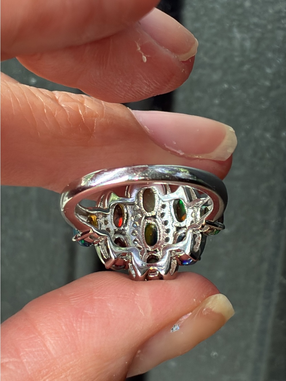 Sterling Silver Black Fire Opal Cluster Ring in Green-Blue Fire - Picture 8 of 9